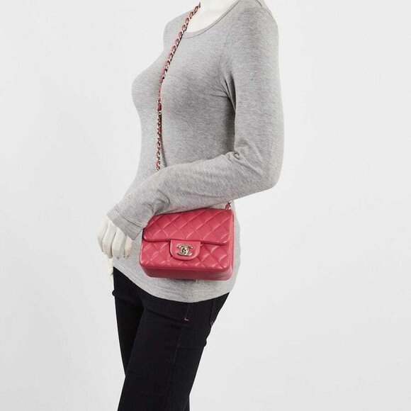 Chanel Pink Quilted Lambskin Leather Classic Square Mini Flap Bag - Picture 3 of 10